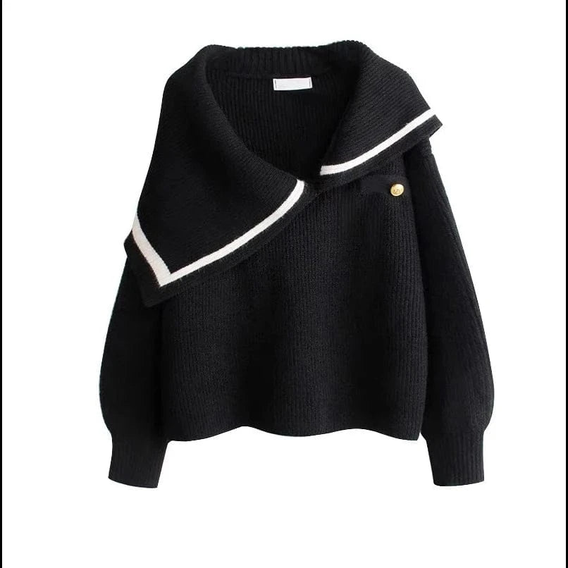 Free / Black 2024 Autumn Fashionable girls turn-down neck long sleeve free size cable knit women sweater