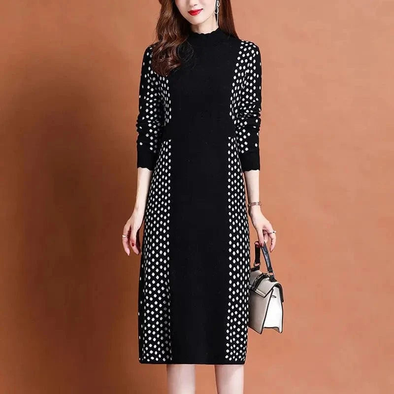 Free / Black 2024 autumn winter new arrival fashion lady mock collar long sleeve body fit patchwork dot print women sweater dress