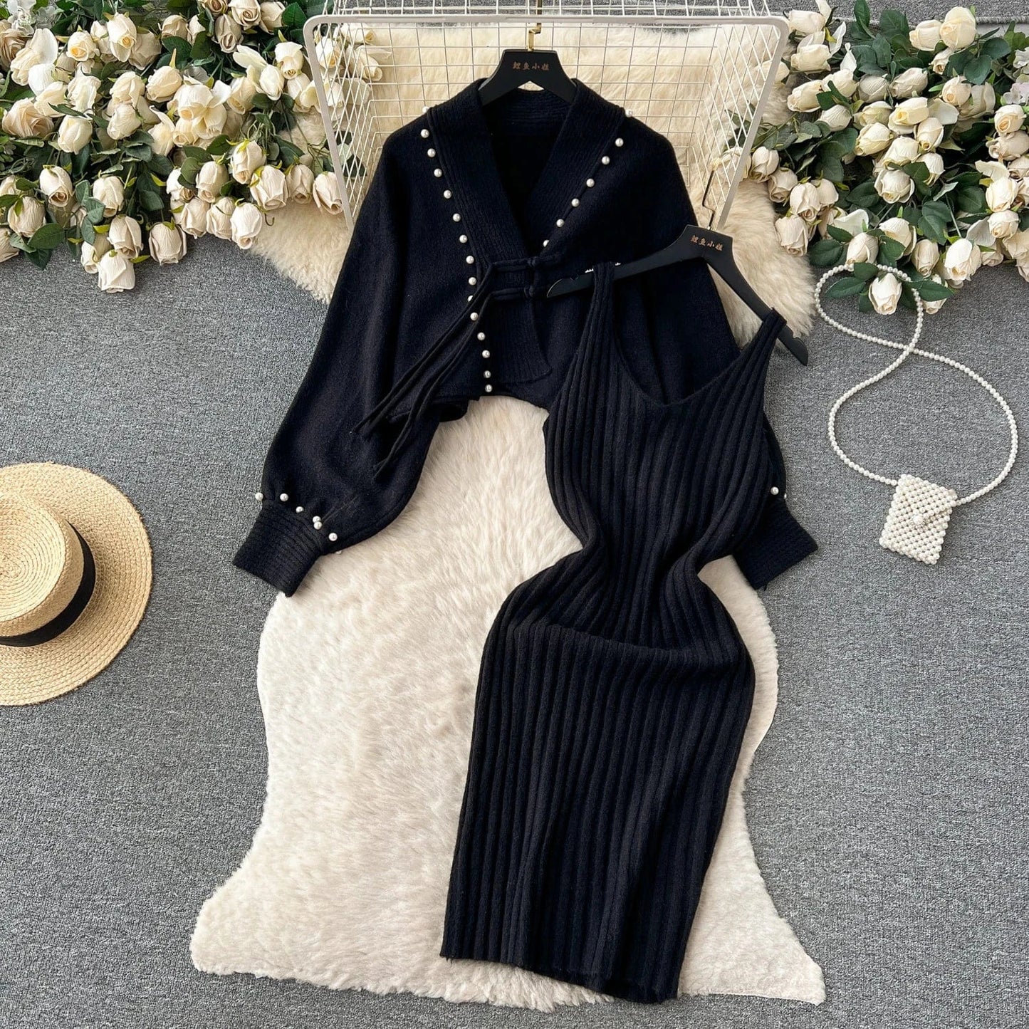 Free / Black 2024 Fashion Set Women's Autumn and Winter Premium Halter Dress Vintage Loose Knit Shawl Jacket Set
