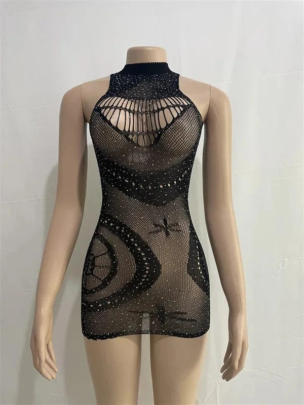 Free / Black 2024 Slim Sexy Lingerie Crystal Diamond Fishnet Bodystocking Mesh Rhinestones Lingerie Dress