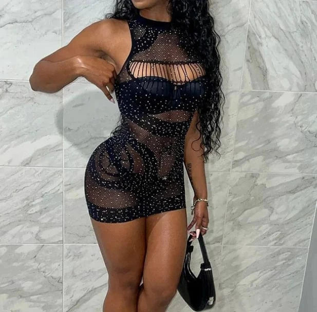 Free / Black 2024 Slim Sexy Lingerie Crystal Diamond Fishnet Bodystocking Mesh Rhinestones Lingerie Dress