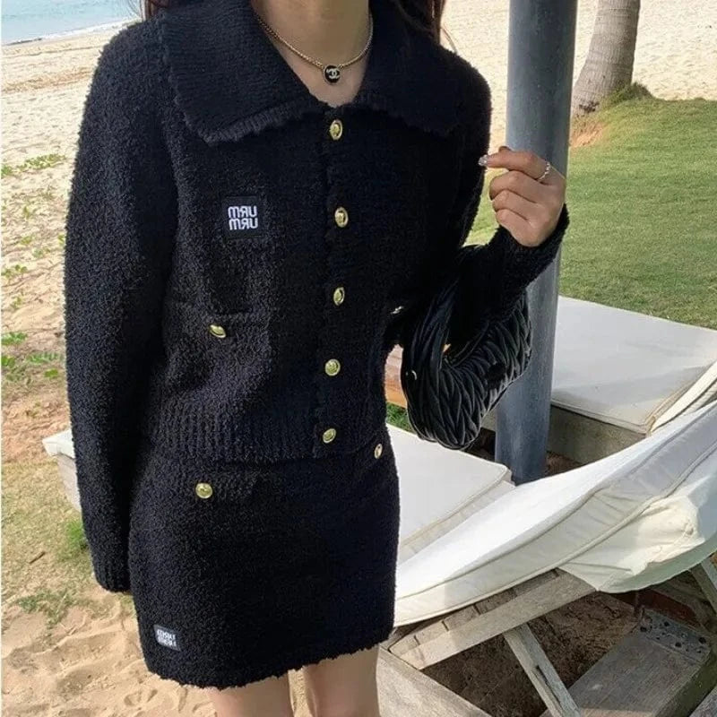 Free / Black 2024 spring new arrival fashion ladies sweet stand collar solid color knitted high quality sexy sweater cardigan two dress