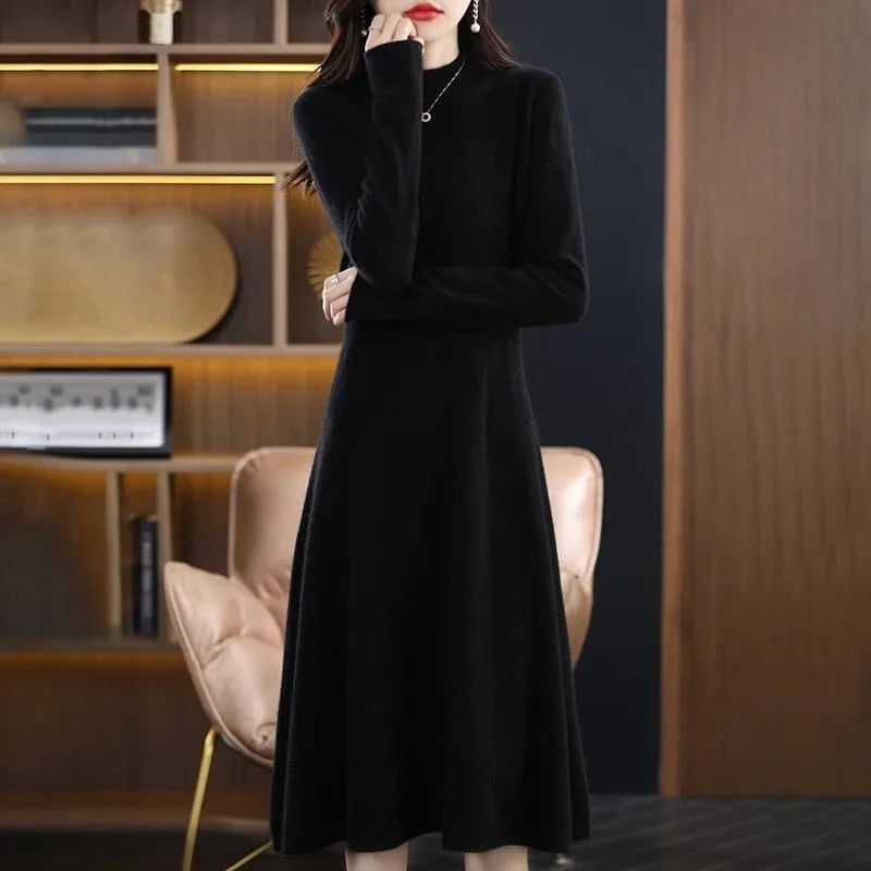 Free / Black 2024 Spring new arrival fashion lady middle high neck long sleeve slim fit high waist loose hip women sweater dress