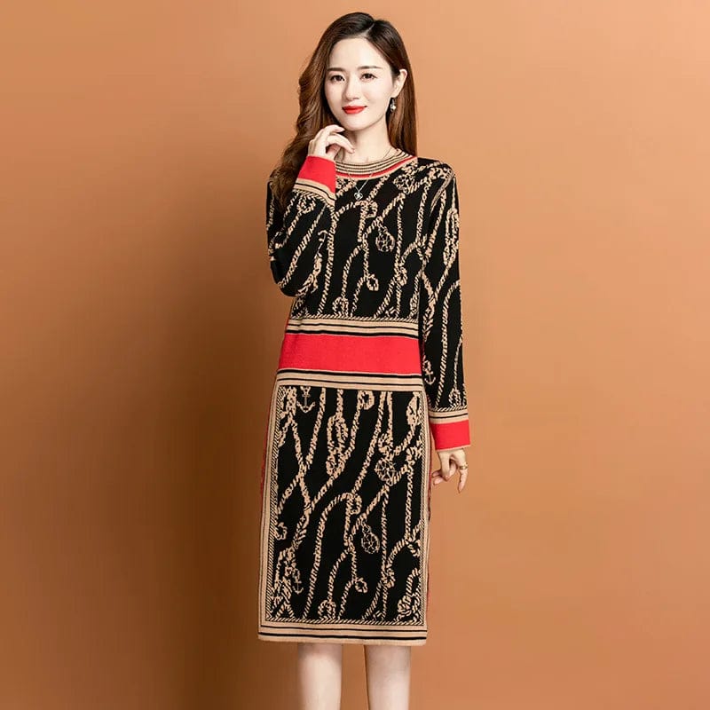 Free / Black 2024 spring new arrival fashionable women crew neck long sleeve flower print sweater dress