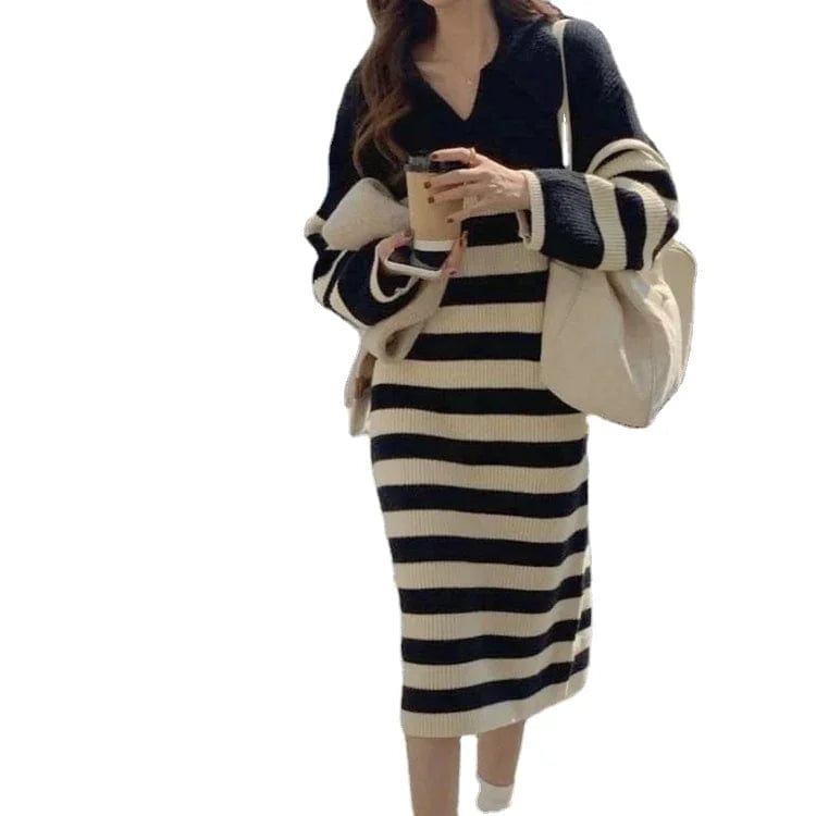 Free / Black 2024 Spring new arrival lady V- neck long sleeve loose fitting sweater dress striped lapel sweater dress