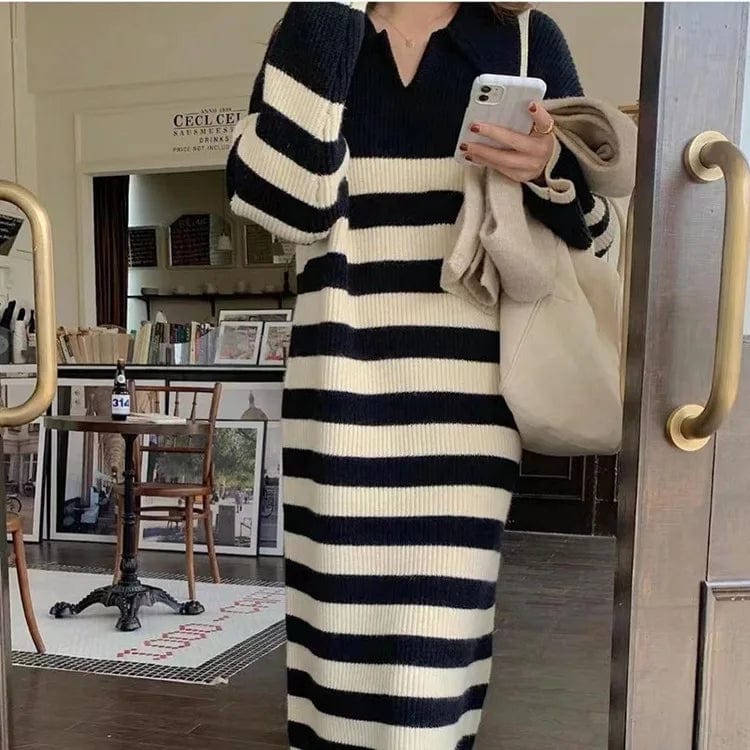 Free / Black 2024 Spring new arrival lady V- neck long sleeve loose fitting sweater dress striped lapel sweater dress