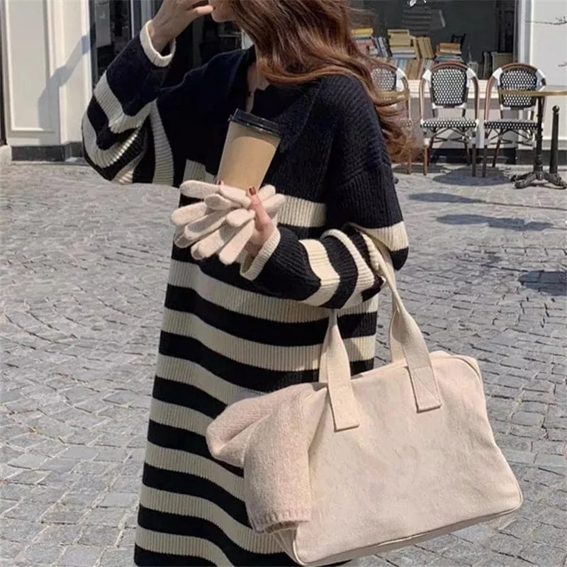 Free / Black 2024 Spring new arrival lady V- neck long sleeve loose fitting sweater dress striped lapel sweater dress
