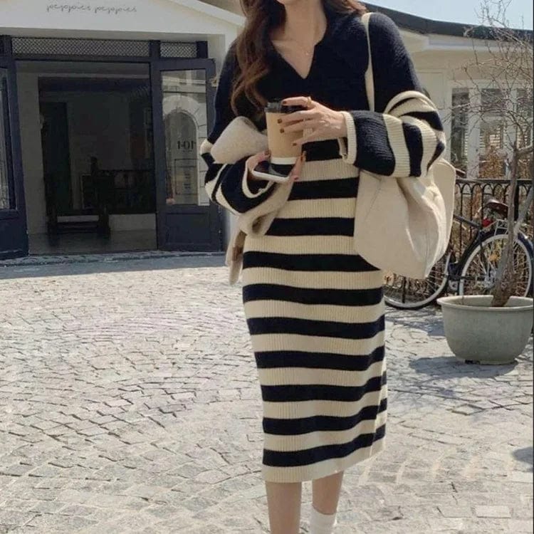 Free / Black 2024 Spring new arrival lady V- neck long sleeve loose fitting sweater dress striped lapel sweater dress