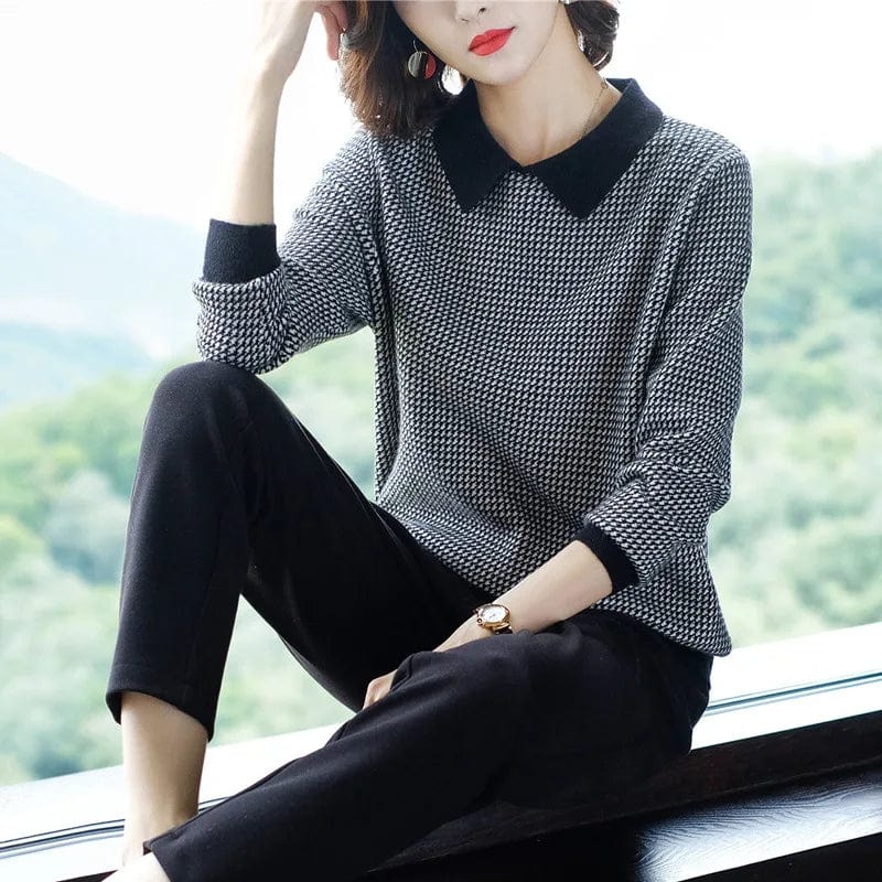 Free / Black 2024 Spring new arrival office lady round neck long sleeve loose houndstooth lapel pullover sweater jumper