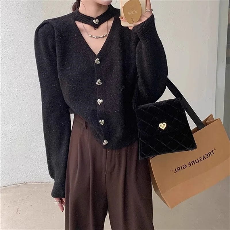 Free / Black 2024 Spring new arrival v-neck long sleeve solid halter sexy sweater cardigan