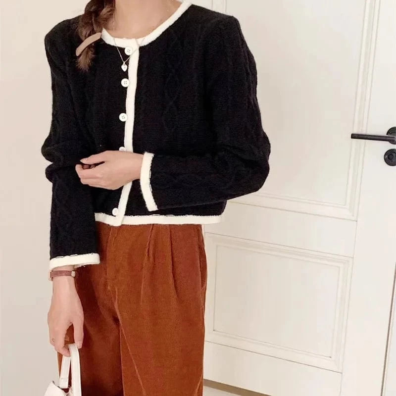 Free / Black 2024 Spring woman new arrival crew neck long sleeve elegant cardigan vintage style sweater coat