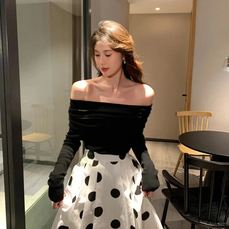 Free / Black 2024 Spring women new arrival long sleeve loose off-shoulder sexy sweater jumper