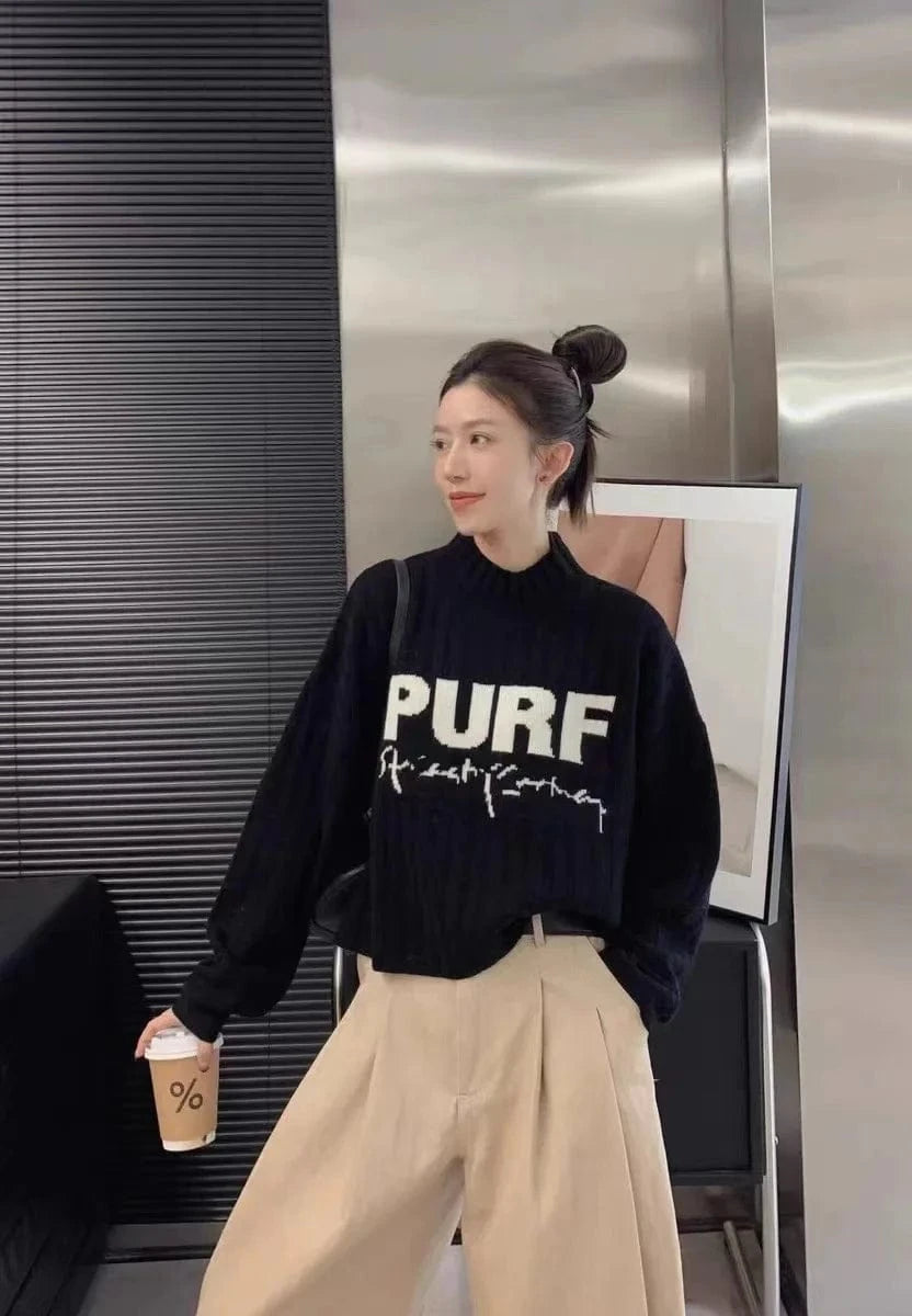 Free / Black 2024 Spring women new arrival mock neck long sleeve loose  letter cable knit pullover sweater jumper