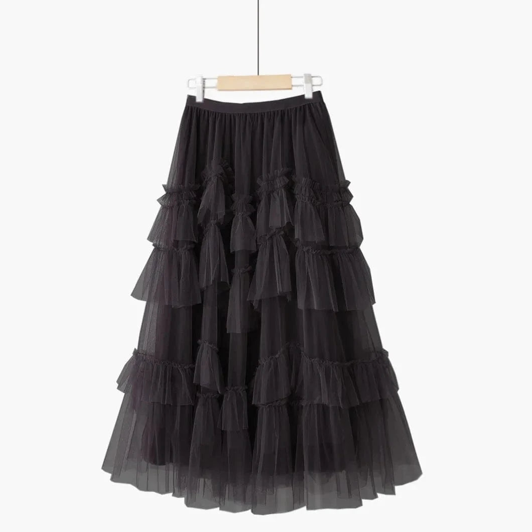 Free / Black Black Patchwork Mesh Skirt For Women High Waist Casual Ball Gown Skirts Female Fashion New Clothes 2024 Spring