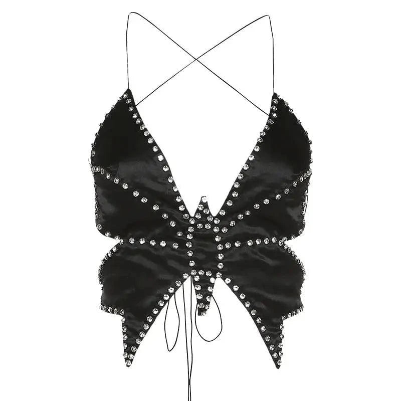 Free / Black Bomblook C1212TP Hot Selling Products 2024 Y2K Backless Butterfly Design Sexy Halter Tops For Women Rhinestone Tank Top