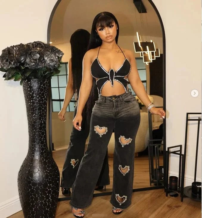 Free / Black Bomblook C1212TP Hot Selling Products 2024 Y2K Backless Butterfly Design Sexy Halter Tops For Women Rhinestone Tank Top