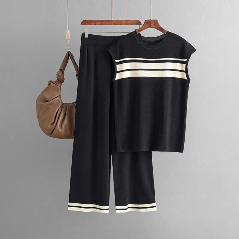 Free / Black Boutique Wholesale 2024 Autumn New Loose Contrast Stripe Sleeveless Top High Waist Wide Leg Pants Women's Set