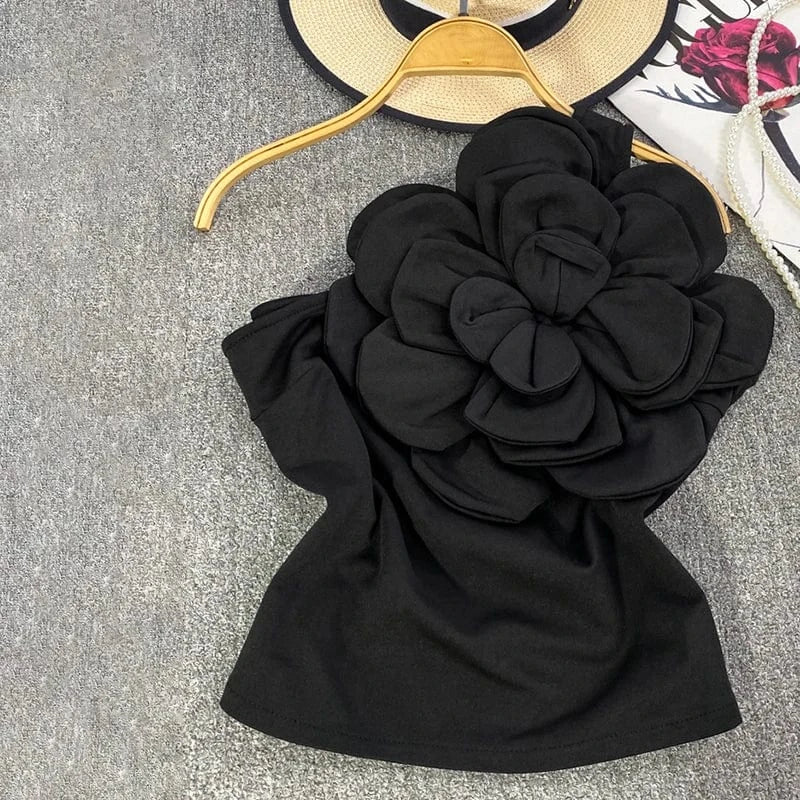 Free / Black CHICEVER Diagonal Collar Sleeveless Patchwork Appliques Vest Crop Tops For Women 2024