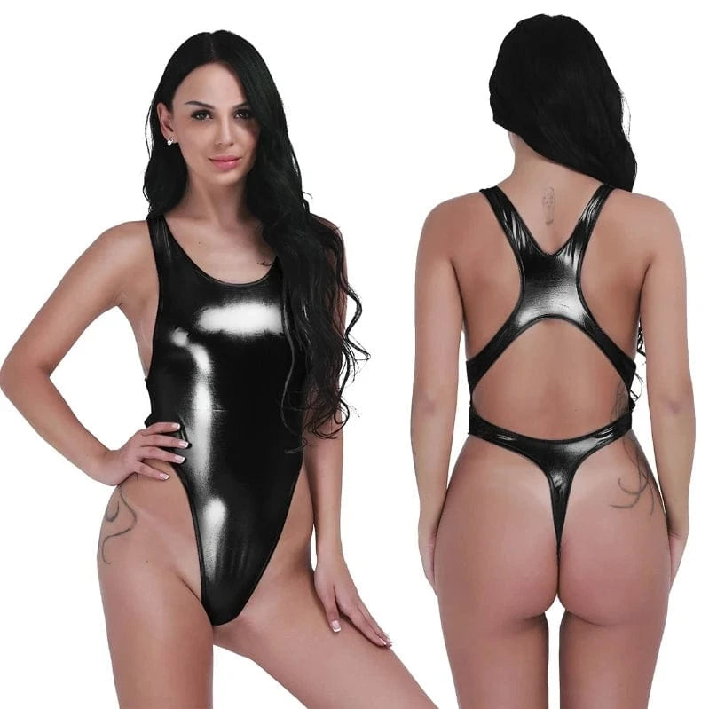 Free / Black Custom Womens Sexy Leather One-Piece Thongs Leotard Bodysuit String Swimsuit