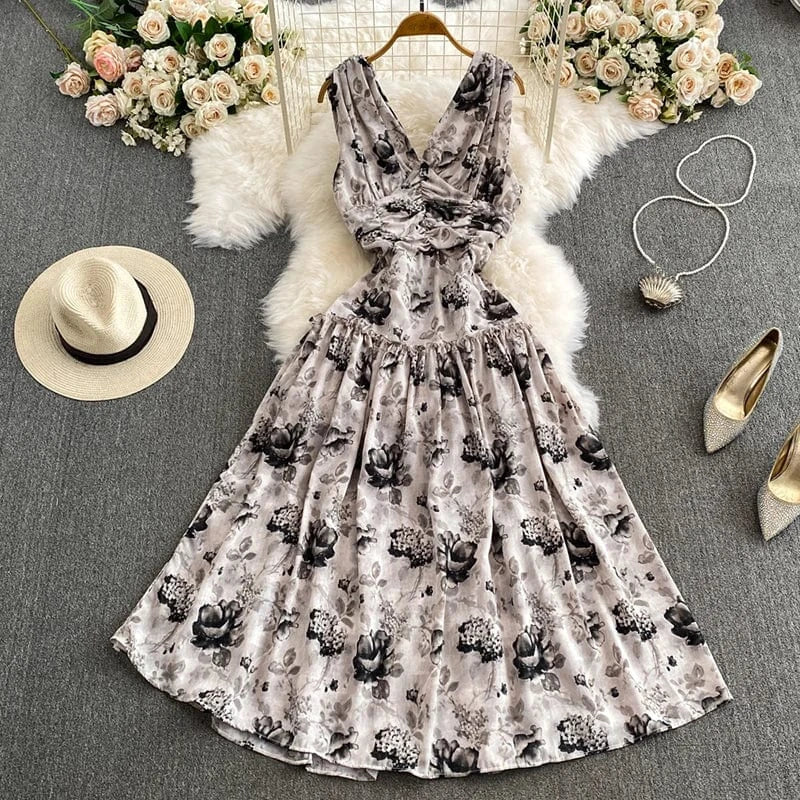 Free / Black Fashion Sexy Temperament Women's Dress Summer Casual Retro Backless 2024 Hepburn Big Hem Korean V-neck A-line Long Dresses Khaki