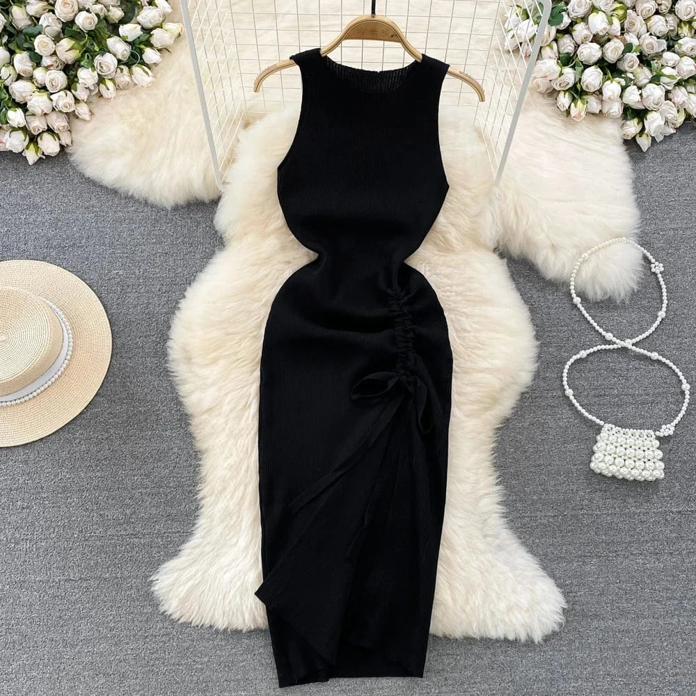 Free / Black Hot Sale Sexy Vest Dress Summer Fashion Round Neck Backless Dress Lady Sleeveless Slit Knitted Sheath Dress
