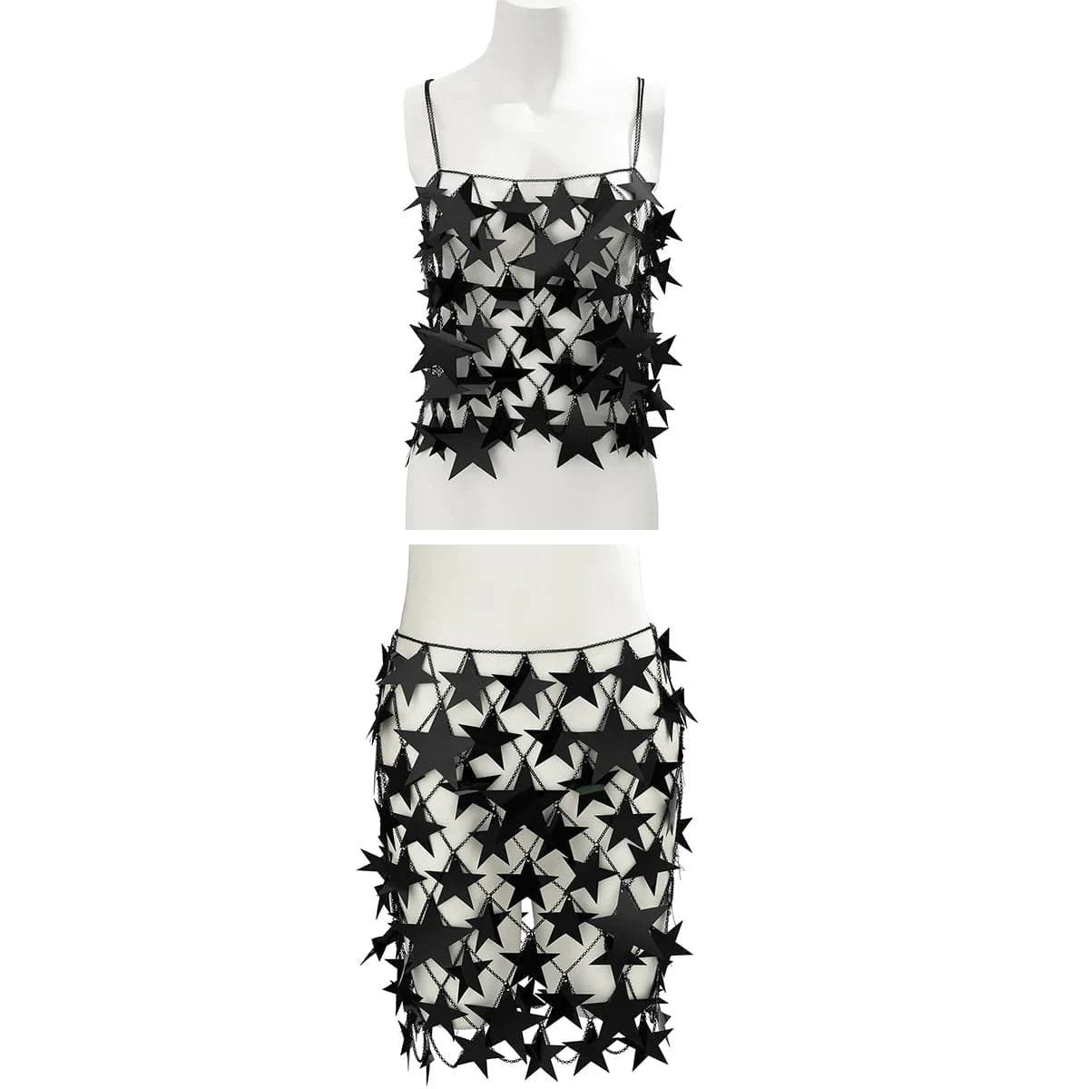 Free / Black Hot Selling Star Sequined Clubbing Hollow Out Skirt Halter Crop Top Summer Sexy Two Piece Skirt Set