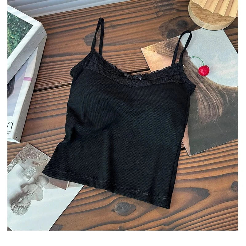 Free / Black Lace Patchwork Sweet Straps Tank Top Women Bow Basic Underwear 2024 Spring Summer Outwear Camis Female Beauty Back Bras
