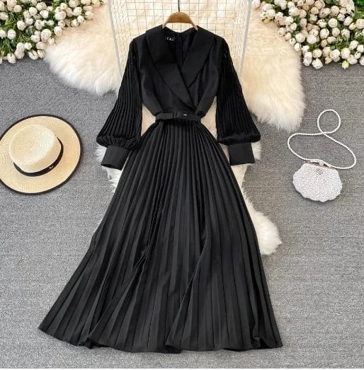Free / Black Liu Ming Elegant Elegant 2024 Streetwear Women Y2K Retro Sexy Casual Zipper Solid V Neck High Waist Pleated A Line Dress