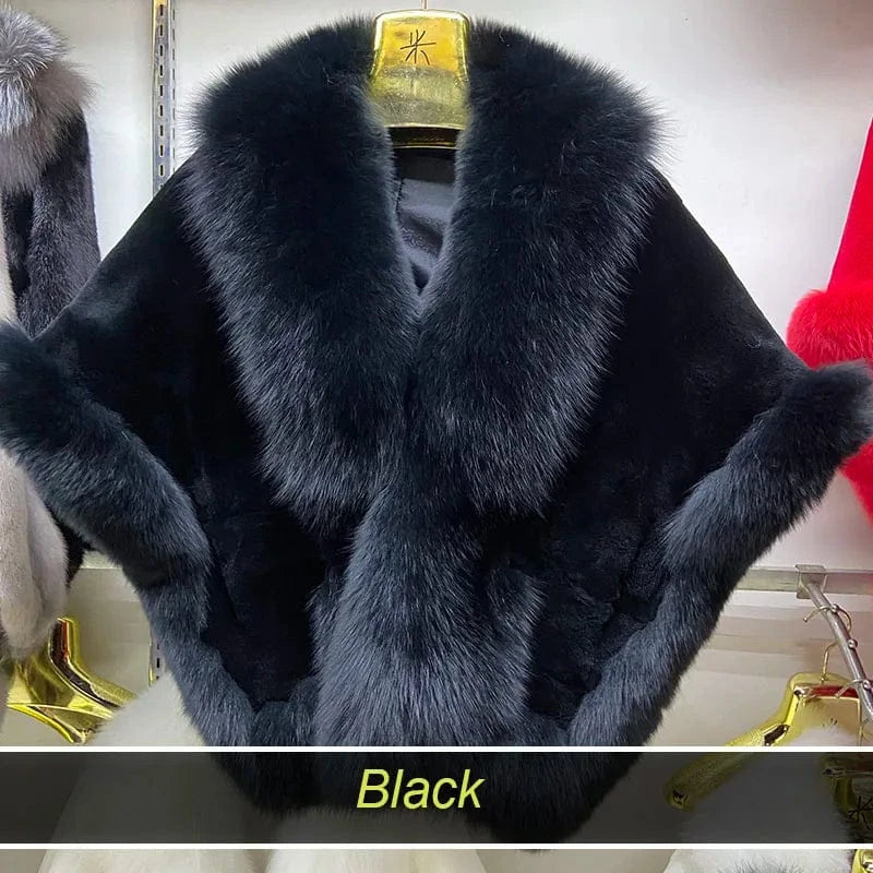Free / Black MWFur Luxury Women Natural Fox Fur Trimmed Rex Rabbit Fur Shawl for Party Thick Warmer Winter Fur Wedding Wrap for Adult