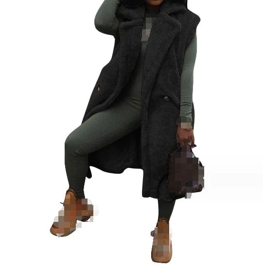 Free / Black New Winter Ladies Thicken Plush Coat Solid Lapel Sleeveless Cardigan Fashion Long Cardigan Coat For Women
