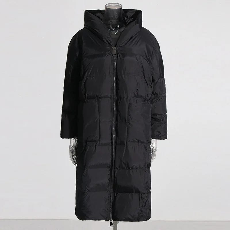 FREE / Black OUDINA 2024 New Fashion Thick Winter Coat Solid Color Zipper Hooded Large Pocket Cotton Women's Down Coats Long