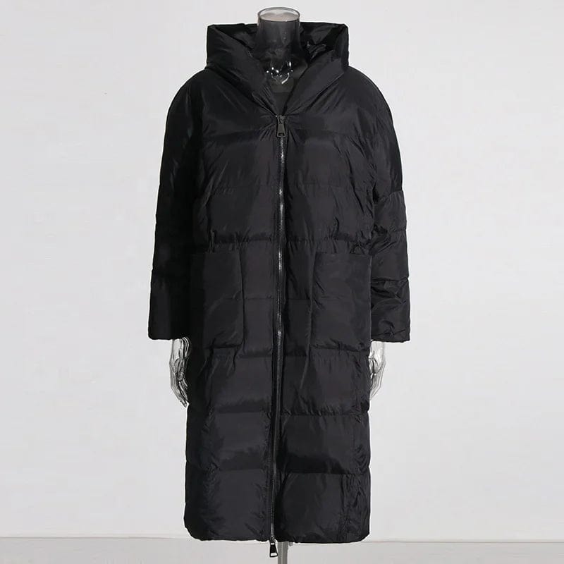 FREE / Black OUDINA 2024 New Fashion Thick Winter Coat Solid Color Zipper Hooded Large Pocket Cotton Women's Down Coats Long