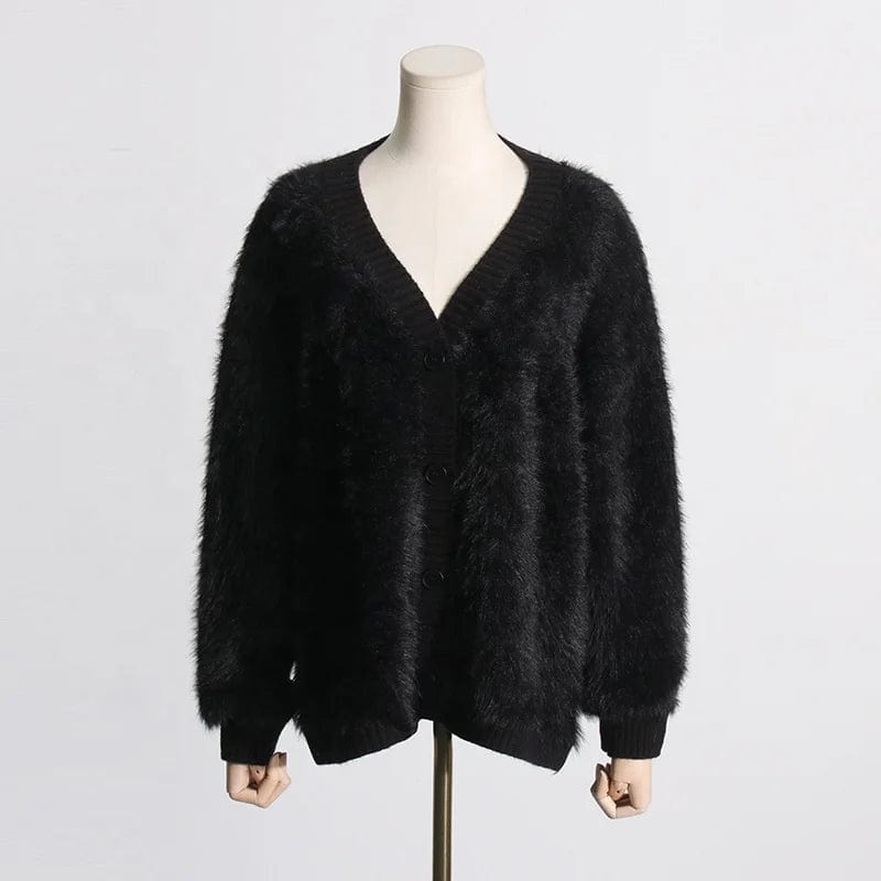 FREE / Black OUDINA 2024 Spring New Womens Classic Mink Velvet V-neck Sweater Loose Slim Sweater Cardigan Jacket