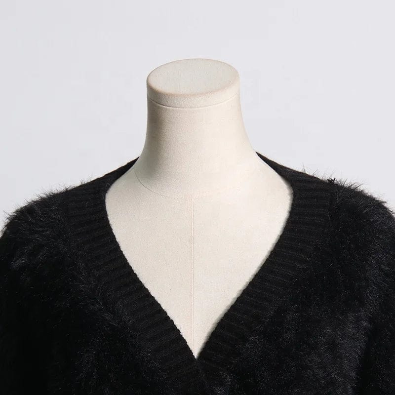 FREE / Black OUDINA 2024 Spring New Womens Classic Mink Velvet V-neck Sweater Loose Slim Sweater Cardigan Jacket