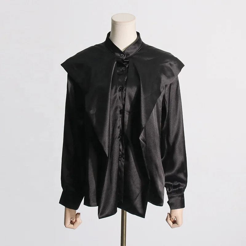 Free / Black OUDINA Fashionable Satin Shirt Woman Silhouette Long-sleeved 2024 Spring New Ribbon Design Black Ladies Shirts