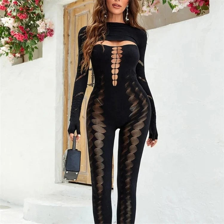 Free / Black Sexy Hollow Out Jumpsuit Women Long Sleeve Skinny Rompers Stretch Midnight Party Clubwear Overalls