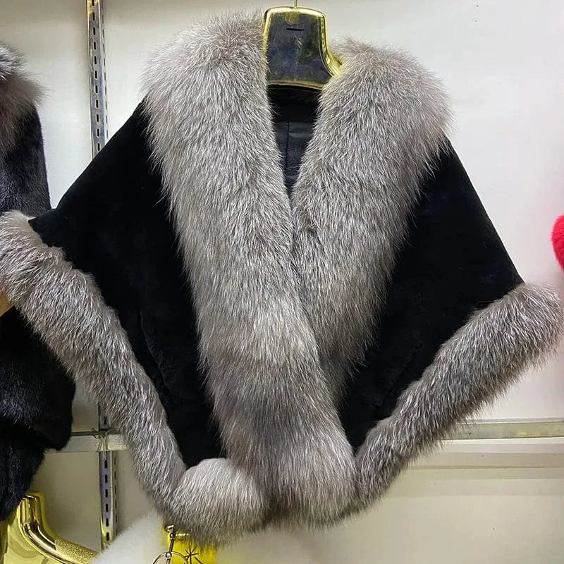Free / Black Silver MWFur Luxury Women Natural Fox Fur Trimmed Rex Rabbit Fur Shawl for Party Thick Warmer Winter Fur Wedding Wrap for Adult