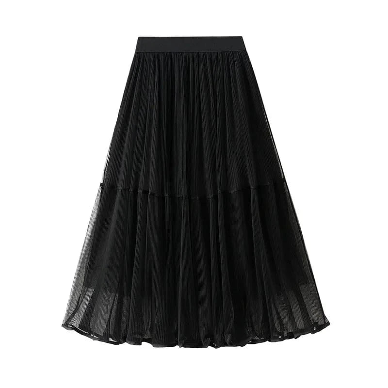Free / Black Spring Autumn Mesh Pleated Skirts Ladies Elegant Casual Korean Fashion Mid-Length Slim Long Skirt Women Patchwork Black Faldas