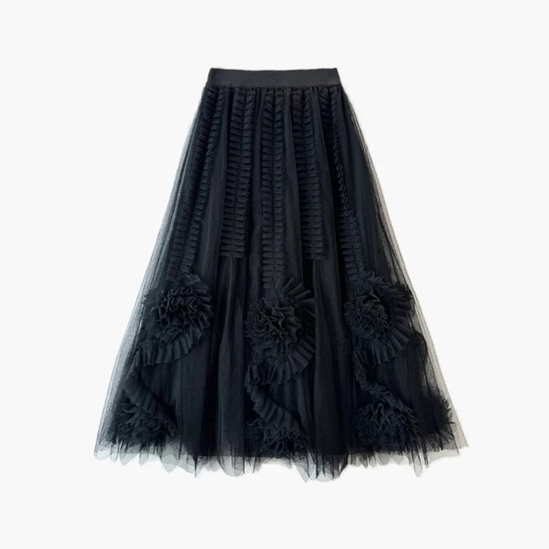 Free / Black Spring Summer Hot Sale Floral Patchwork Mesh Skirts for Women Luxury French Ball Gown Tutu Tulle Skirt Princess Fairy Faldas
