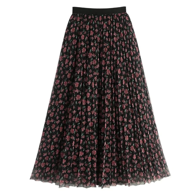 Free / Black Spring Summer Women Skirt Floral Printed Mesh Waist Elastic Band Pleated Mid-Calf Skirts for Woman Vintage Beach Boho Jupes Saia