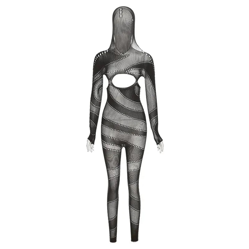 Free / Black Women Cut Out Long Sleeve See Through Slimming Bodysuits Knit Sexy Ladies Transparent Bodycon One Piece Jumpsuits With Hooded