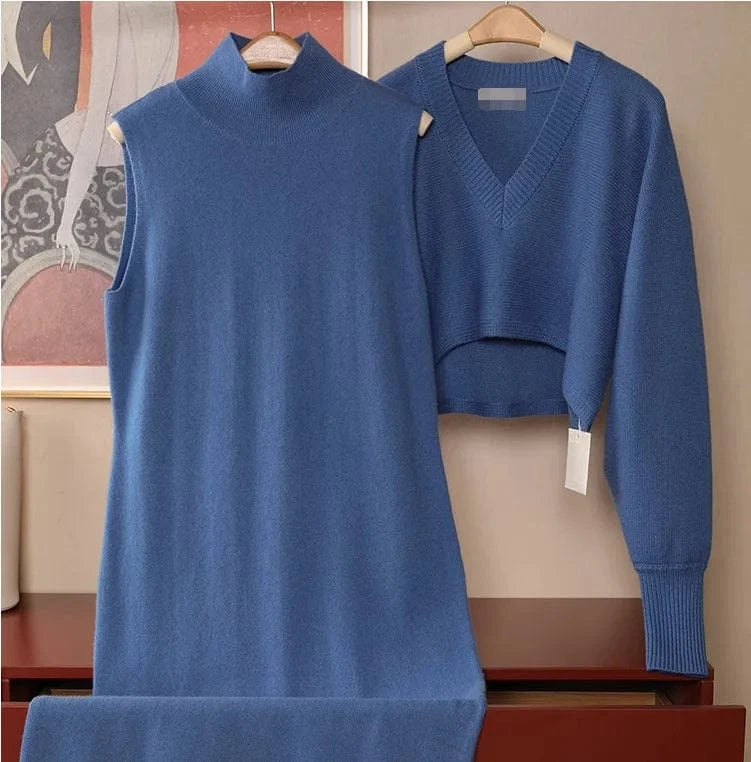 Free / Blue 2023 Autumn winter high quality fashion women's solid color semi-high neck mid-length loose two-piece knit dress