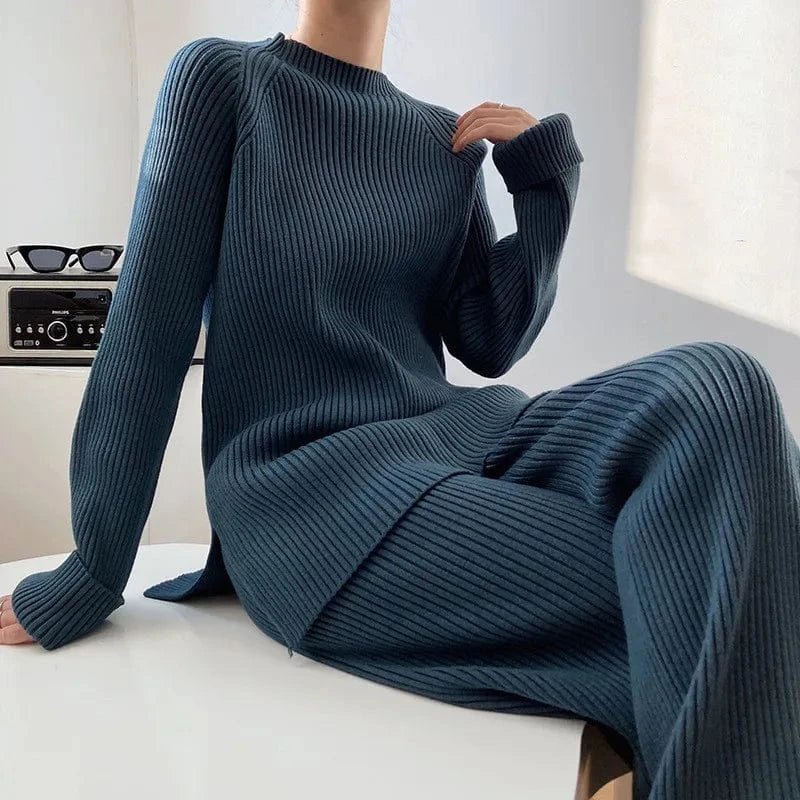 Free / Blue 2024 Autumn Winter Fashion Women New Arrival Crew neck long sleeve top with slim fit long pants twin set