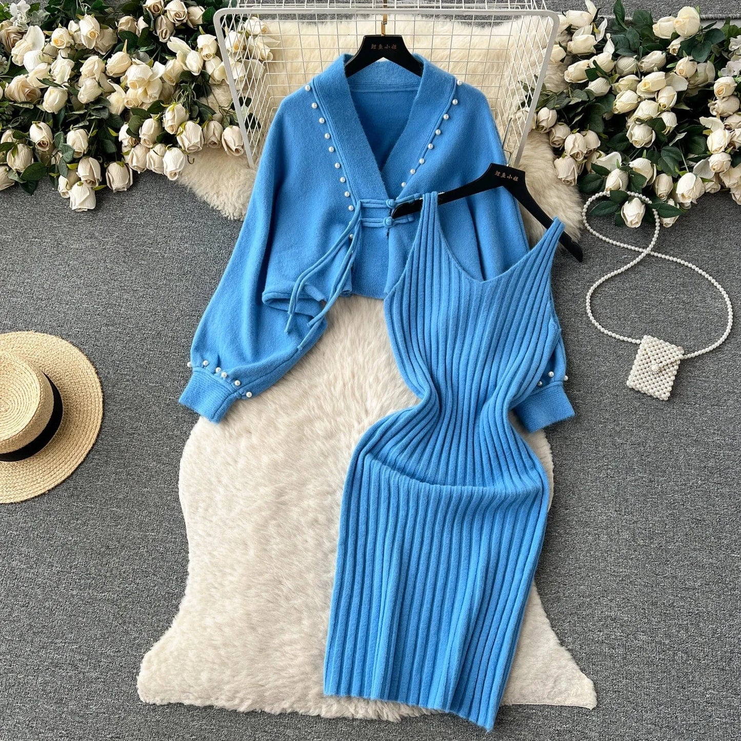 Free / Blue 2024 Fashion Set Women's Autumn and Winter Premium Halter Dress Vintage Loose Knit Shawl Jacket Set