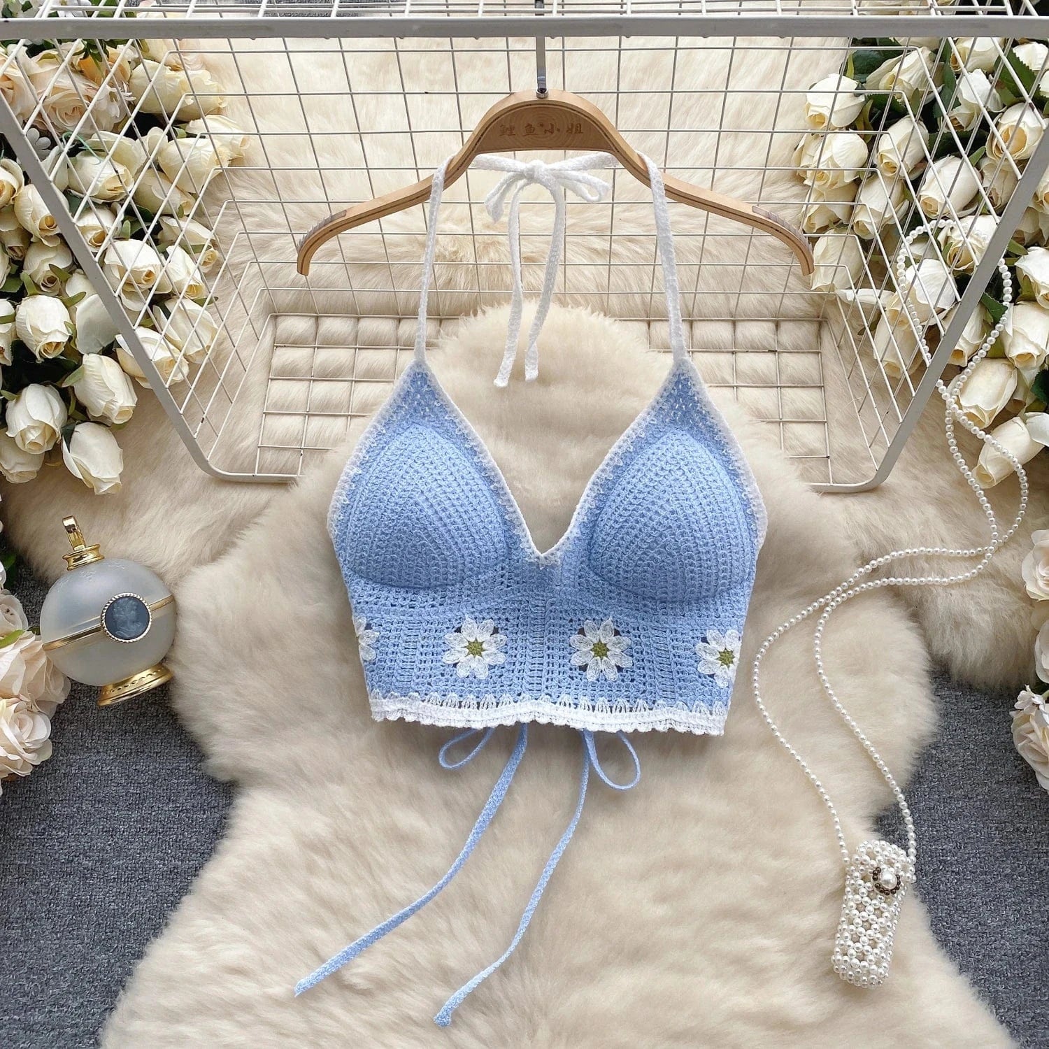 Free / Blue 2024 New Arrival Off Shoulder Flower Decoration Women Top For Summer