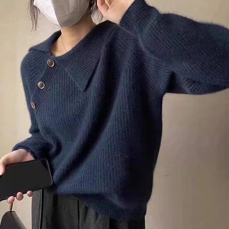 Free / Blue 2024 Spring new arrival girls crew neck placket front long sleeve loose fitting solid color pullover sweater jumper