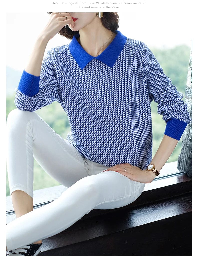 Free / Blue 2024 Spring new arrival office lady round neck long sleeve loose houndstooth lapel pullover sweater jumper