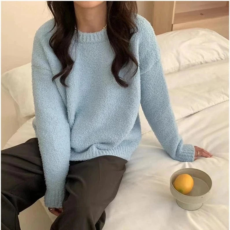 Free / Blue 2024 Spring women new arrival crew neck long sleeve loose soft cable knit pullover sweater jumper