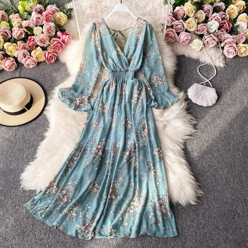 Free / Blue ANSZKTN New Korean Style Floral Print Long Sleeve Casual A Line V Neck Dresses Women Lady Elegant