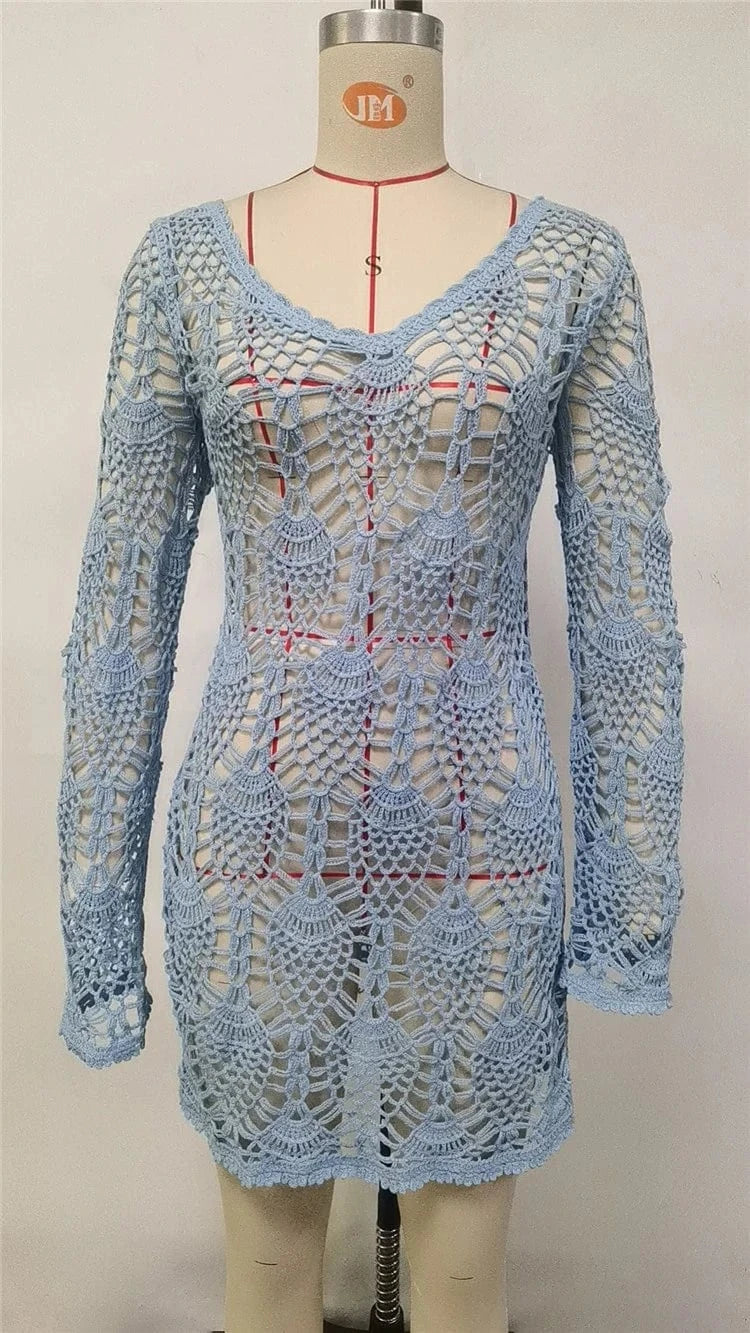 Free / Blue Fashion Summer Sexy Crochet Beach Dress Women See Through Swimwear Swimsuit Cover Up Mini Dresses